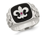 Mens Sterling Silver Fleur-De-Lis Ring with Black Onyx and Ruby