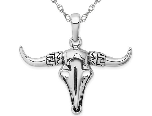Sterling Silver Antiqued Bull Skull Pendant Necklace with Chain