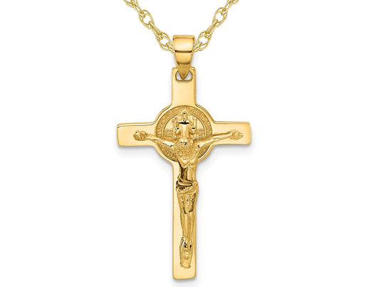 14K Yellow Gold Cross Crucifix and St Benedict Pendant Necklace with Chain 