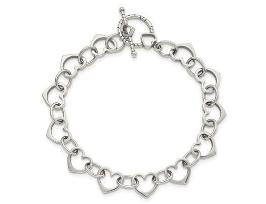 Sterling Silver Polished Heart and Circle Link Bracelet (7.50 Inches)