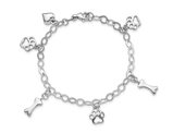 Sterling Silver Dog Bone Paw Charm Bracelet (7.5 Inches)