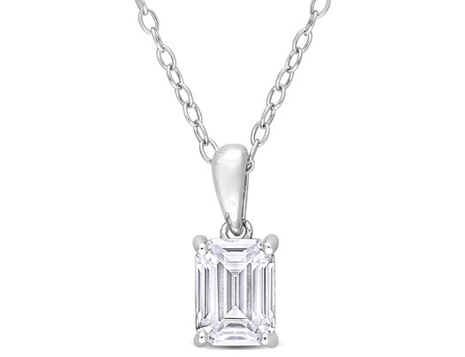 1.00 Carat (ctw) Simulated Moissanite Emerald-Cut Solitaire Pendant Necklace in Sterling Silver with Chain (8mm)