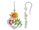 Sterling Silver Red, Green and Yellow Enamel Flower Dangle Earrings