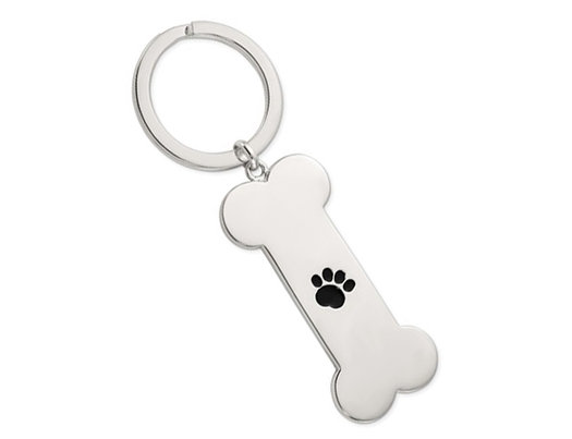 Sterling Silver Dog Bone with Enamel Paw Print Key Chain