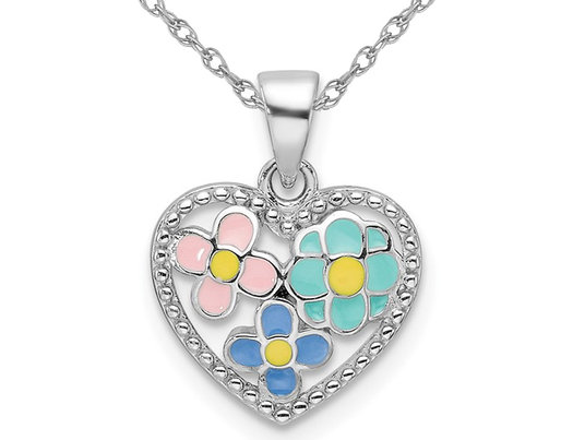 Sterling Silver Heart Colored Flower Pendant Necklace with Chain