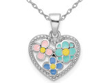 Sterling Silver Heart Colored Flower Pendant Necklace with Chain