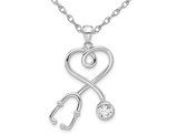 Stethoscope Charm Pendant Necklace in Sterling Silver with Cubic Zirconia and Chain