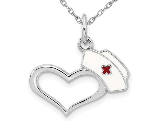 Small Nurses Hat Heart Charm Pendant Necklace in Sterling Silver with Chain