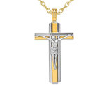 Large 14K Yellow and White Gold Cross Crucifix Pendant Necklace with Chain