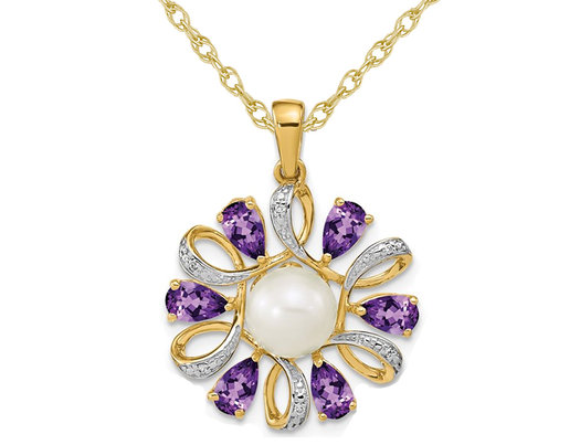 1.50 Carat (ctw) Amethyst Flower Pearl Pendant Necklace in 14K Yellow Gold with Chain