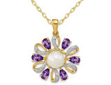 1.50 Carat (ctw) Amethyst Flower Pearl Pendant Necklace in 14K Yellow Gold with Chain