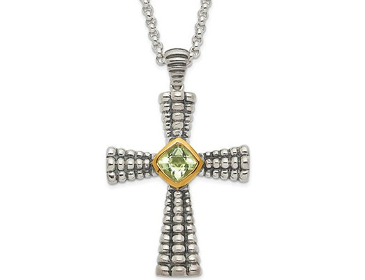 2.50 Carat (ctw) Green Quartz Cross Pendant Necklace in Antiqued Sterling Silver with Chain