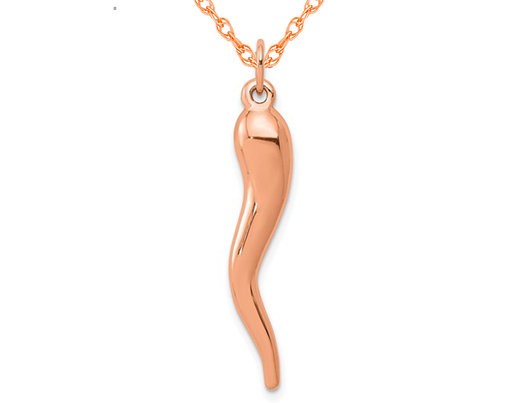 14K Rose Pink Gold Large Italian Horn Pendant Necklace with Chain