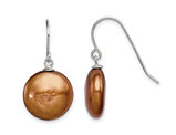 Brown Freshwater Cultured Coin Pearl 13-14mm Dangle Earrings in Sterling Silver