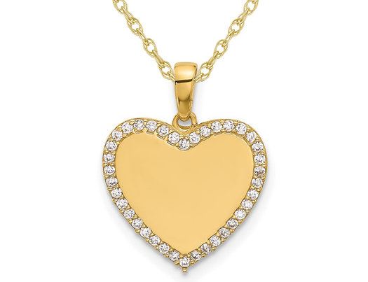 14K Yellow Gold Polished Heart Charm Pendant Necklace with Synthetic Cubic Zirconia Halo and Chain  