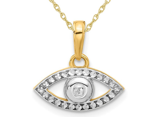 14K Yellow and White Gold Evil Eye Charm Pendant Necklace with Chain