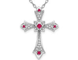 1/10 Carat (ctw) Ruby Cross Pendant Necklace with Diamonds in 14K White Gold with Chain