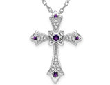 1/10 Carat (ctw) Amethyst Cross Pendant Necklace with Diamonds in 10K White Gold with Chain