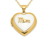 14K Yellow Gold Heart MOM Locket Pendant Necklace with White Agate and Chain