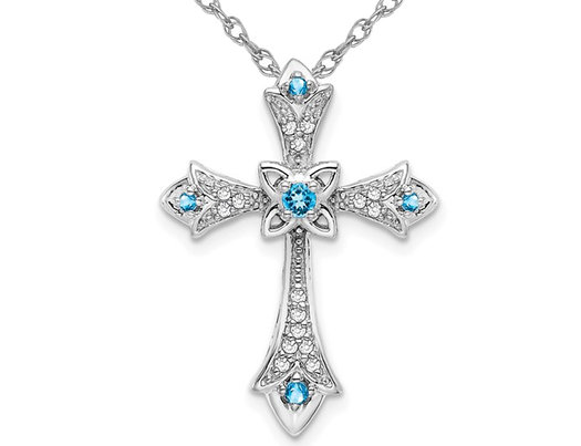 1/10 Carat (ctw) Blue Topaz Cross Pendant Necklace with Diamonds in 10K White Gold with Chain