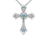 1/10 Carat (ctw) Blue Topaz Cross Pendant Necklace with Diamonds in 10K White Gold with Chain