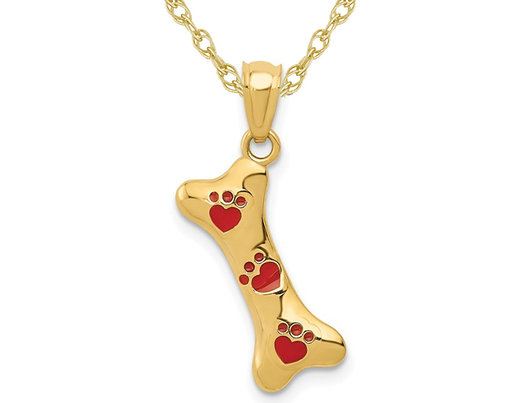 14K Yellow Gold Polished Dog Bone Charm Pendant Necklace with Chain