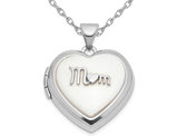 14K White Gold Heart MOM Locket Pendant Necklace with White Agate and Chain