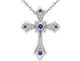 1/10 Carat (ctw) Blue Sapphire Cross Pendant Necklace with Diamonds in 10K White Gold with Chain