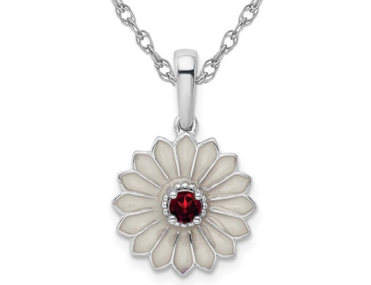 Sterling Silver Flower Pendant Necklace with Garnet and Chain