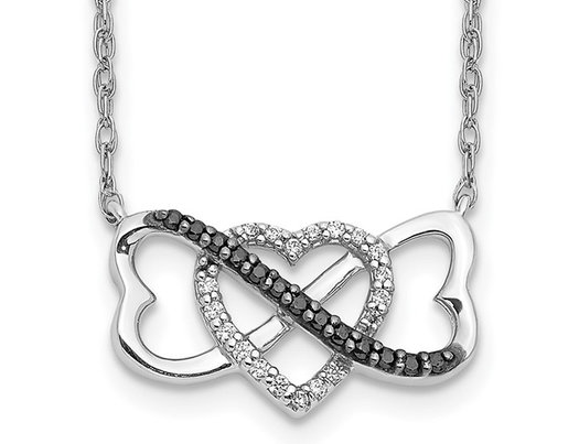 1/10 Carat (ctw) Black and White Diamond Triple Heart Pendant Necklace in 10K White Gold with Chain