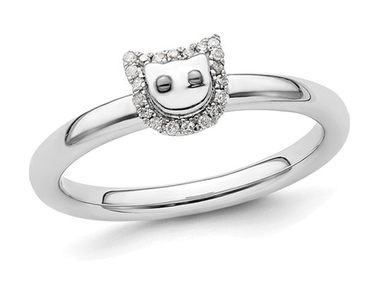 Sterling Silver Kitty Cat Ring with Accent Diamonds 