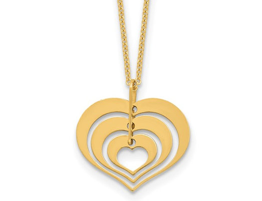 14K Yellow Gold Triple Heart Charm Pendant Necklace with Chain