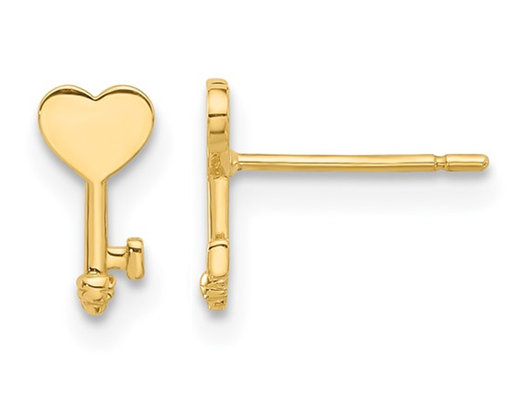 14K Yellow Gold Heart Key Post Earrings