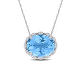 24.70 Carat (ctw) Blue Topaz Pendant Necklace in 14K White Gold with Chain and Accent Diamonds