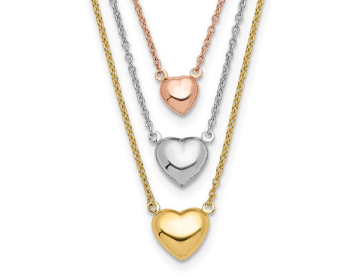 14K Yellow , White and Rose Gold Three Heart Necklace (16 Inches)