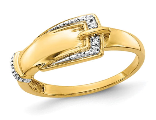 14K Yellow Gold Polished Buckle Ring with Accent Diamonds (SIZE 7)