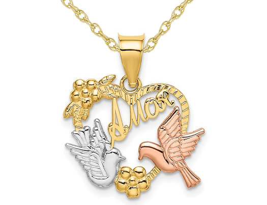10K Yellow Gold Amor Dove Heart Charm Pendant Necklace with Chain