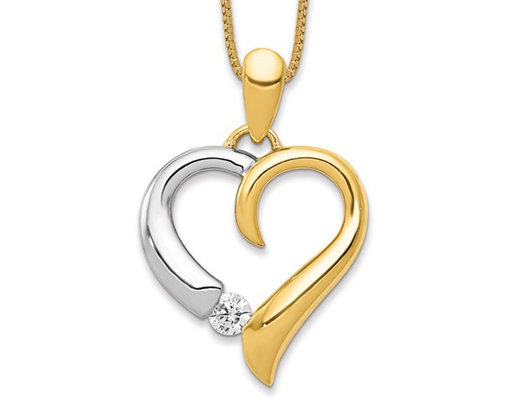 14K Yellow and White Gold Heart Pendant Necklace with Chain and Diamond