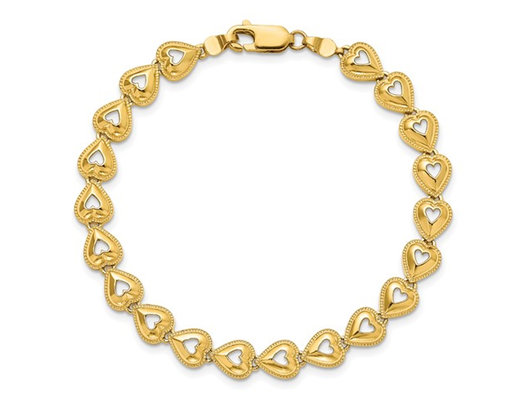 14K Yellow Gold Beaded Hearts Link Bracelet (7 inches) 