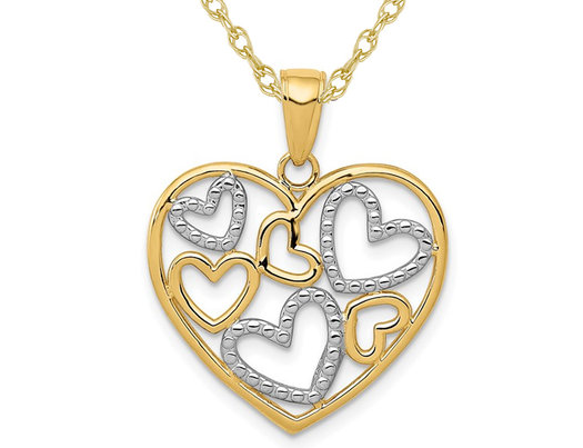 14K Yellow and White Gold Heart Charm Pendant Necklace with Chain