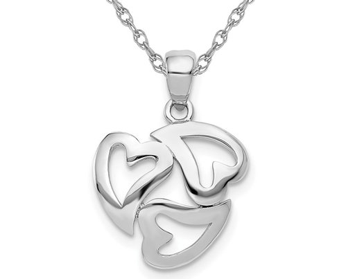 14K White Gold Triple Heart Charm Pendant Necklace with Chain