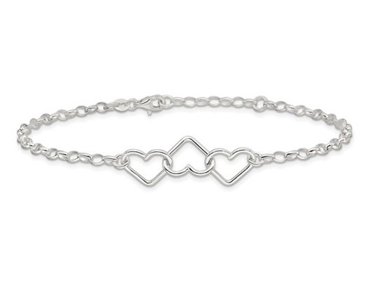 Sterling Silver Interlocking Heart Link Anklet (8 inches) 