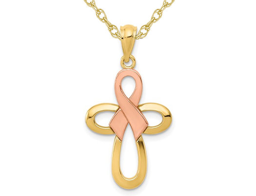 14K Yellow Gold Pink Ribbon Cross Pendant Necklace with Chain