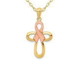 14K Yellow Gold Pink Ribbon Cross Pendant Necklace with Chain