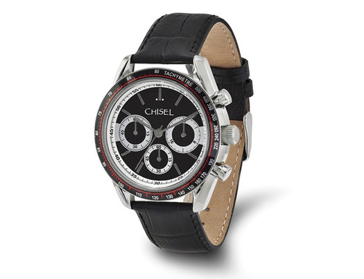 Chisel Stainless Steel Black Dial Chronograph Watch with Leather Strap