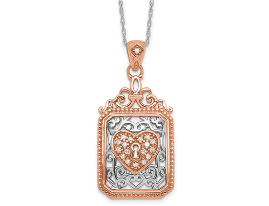 10K Rose and White Gold Filigree Heart and Lock Pendant Necklace with Chain and Diamonds