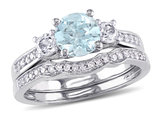 1.00 Carat (ctw) Aquamarine & Created White Sapphire Engagement Ring & Wedding Band Set with Accent Diamonds, 10K White Gold