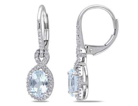 1.20 Carat (ctw) Aquamarine Dangle Drop Earrings with Diamonds 1/4 Carat (ctw) in 10K White Gold