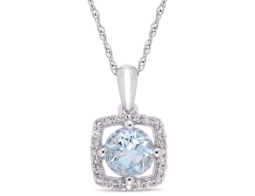3/4 Carat (ctw) Aquamarine Pendant Necklace with Diamonds in 10K White Gold with Chain