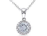 3/4 Carat (ctw) Aquamarine Halo Pendant Necklace in Sterling Silver with Chain